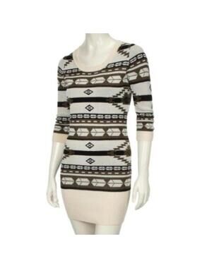 Tribal Print Mini Sweater Dress Juniors XL Cream Green Black Scoop Neck NEW
